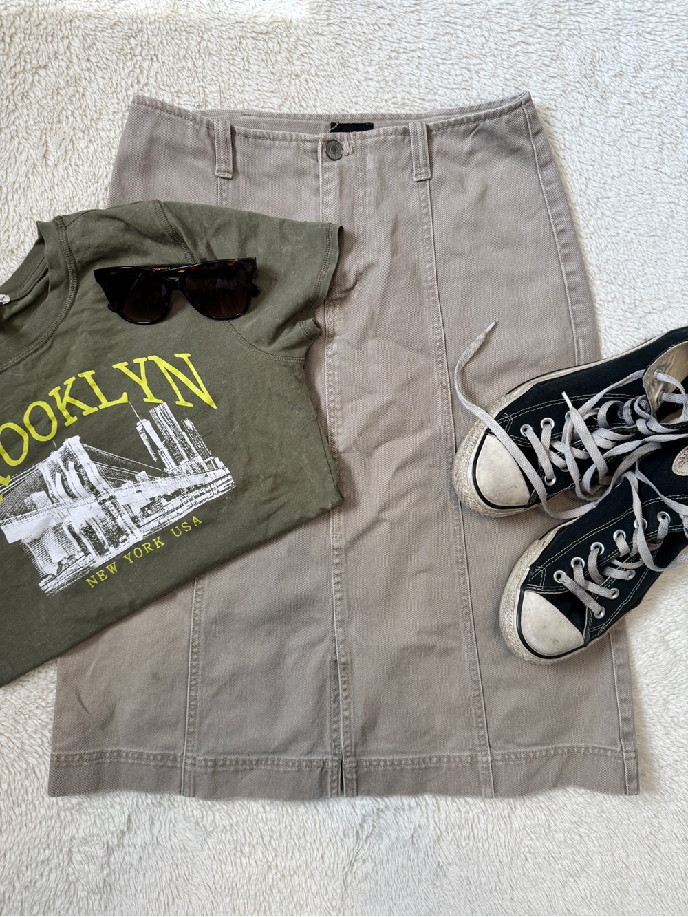 Khaki Straight Stitch-Panel Skirt